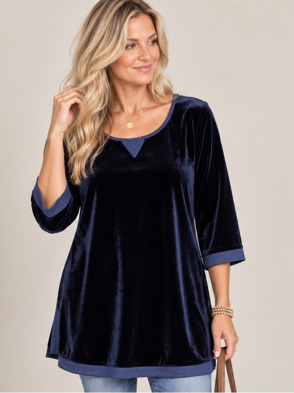 Soft Surroundings Navy Blue Velvet Tunic Top Size M 3/4 Sleeve